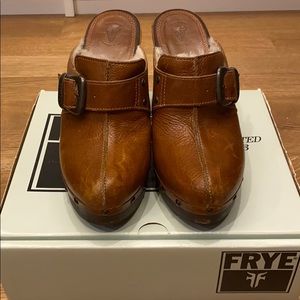 Frye Ella Buckle cognac wood clog